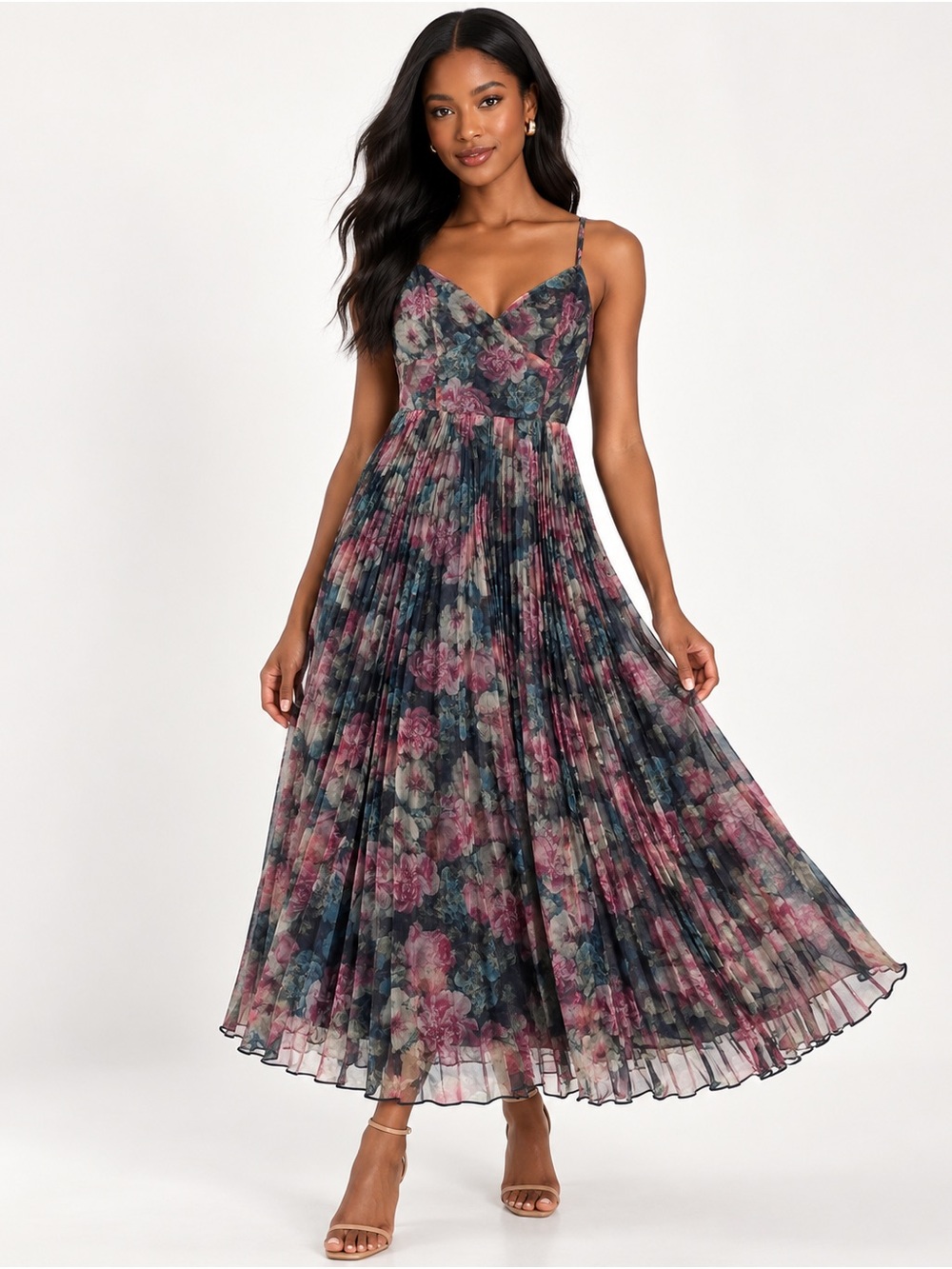 Lulus Floral Pleated Midi Dress Open Tie Back Spaghetti Strap Size S